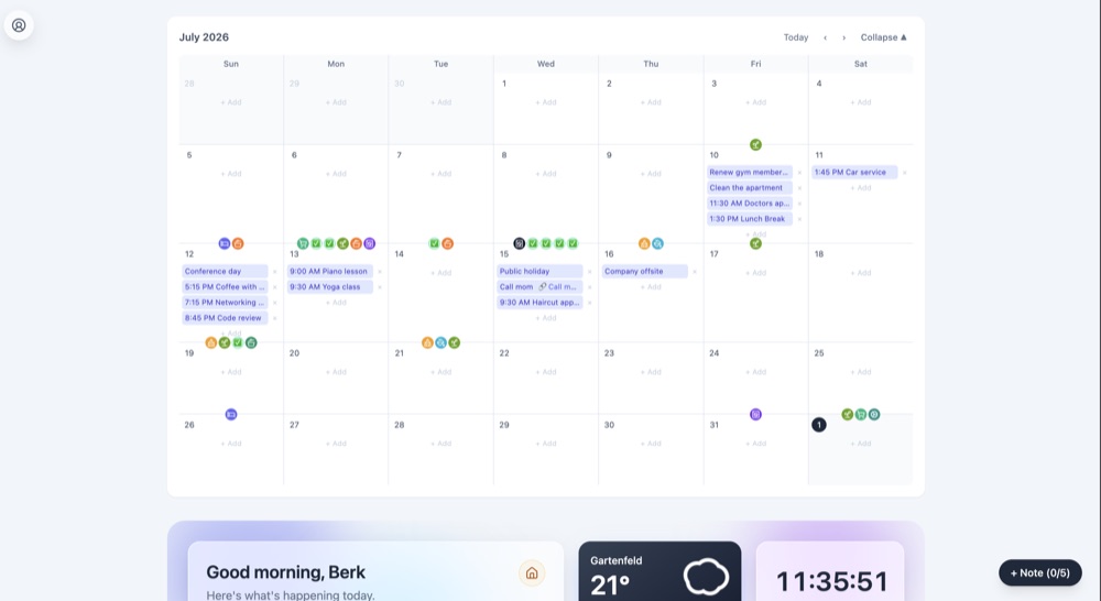 Manself month-view calendar with color-coded task categories