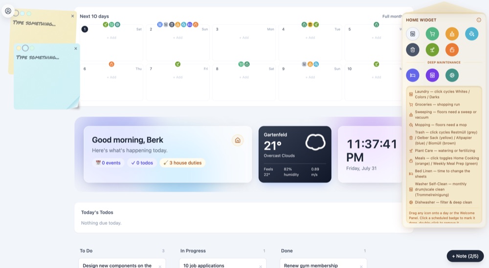 Manself home widget expanded, showing the household maintenance checklist